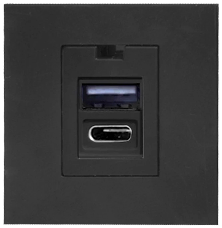 Orno NOEN USB x 2 - A + C tipo, dviejų prievadų modulinis 45x45 mm su USB įkrovikliu, 2.1A 5V DC, juodas