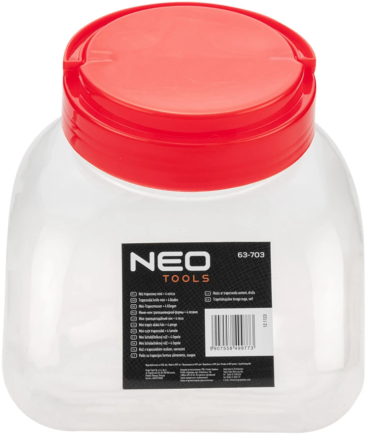 Nóż Mini trapecijos formos peilis + 4 ašmenys stiklainyje, po 30 vnt.