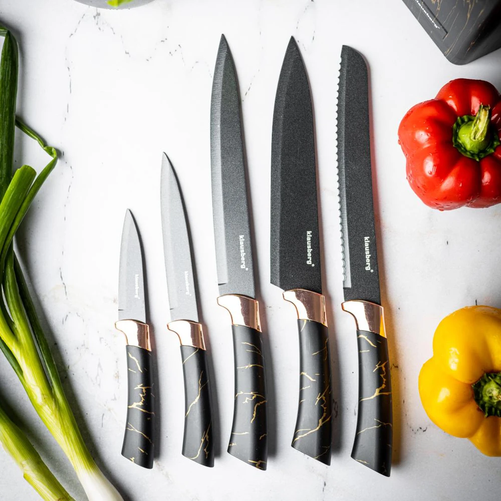 Noze Virtuviniai peiliai stove, juodi su rudu raštu, 6 vnt. rinkinys, Klausberg, kb-7768