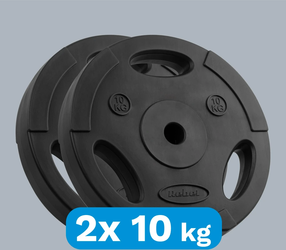 Bituminių svarelių rinkinys 2x10kg, skylė 31mm, plokštė su rankenomis, REBEL ACTIVE