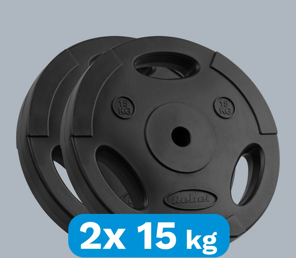 Bituminių svarelių rinkinys 2x15kg, skylė 31mm, plokštė su rankenomis, REBEL ACTIVE