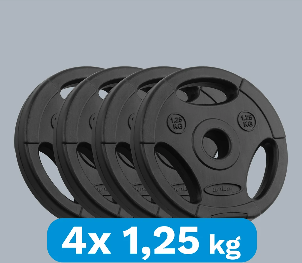 Bituminių svarelių rinkinys 4x1.25kg, skylė 31mm, plokštė su rankenomis, REBEL ACTIVE