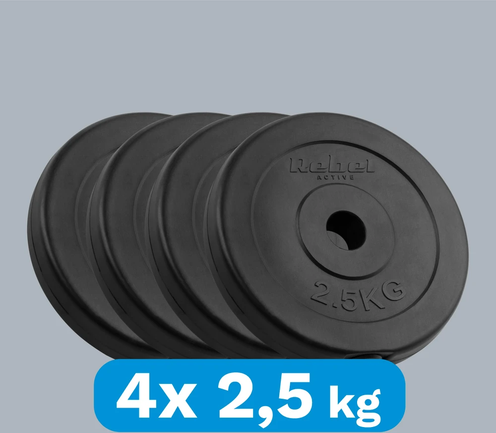 Bituminių svarelių rinkinys 4x2.5kg, skylė 31mm, klasikinė plokštė, REBEL ACTIVE