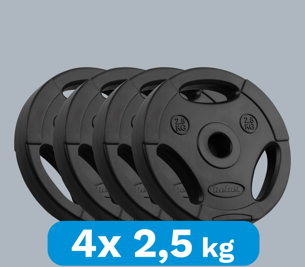 Bituminių svarelių rinkinys 4x2.5kg, skylė 31mm, plokštė su rankenomis, REBEL ACTIVE