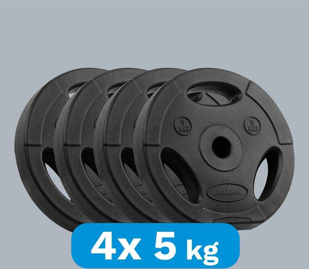 Bituminių svarelių rinkinys 4x5kg, skylė 31mm, plokštė su rankenomis, REBEL ACTIVE
