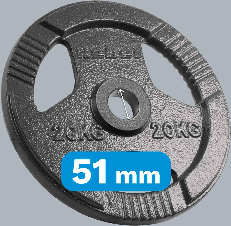 Ketaus olimpinis svarmuo 20 kg, 51 mm skylė, plokštelė su rankenomis, REBEL ACTIVE