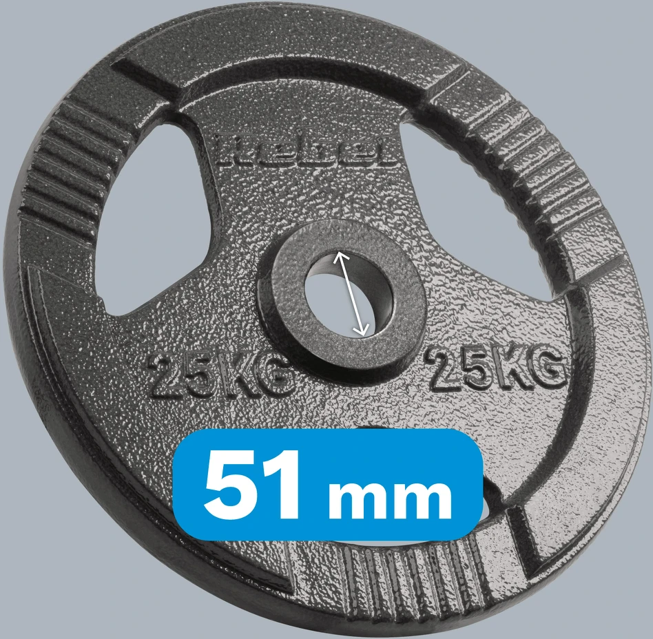 Ketaus olimpinis svarmuo 25 kg, 51 mm skylė, plokštelė su rankenomis, REBEL ACTIVE
