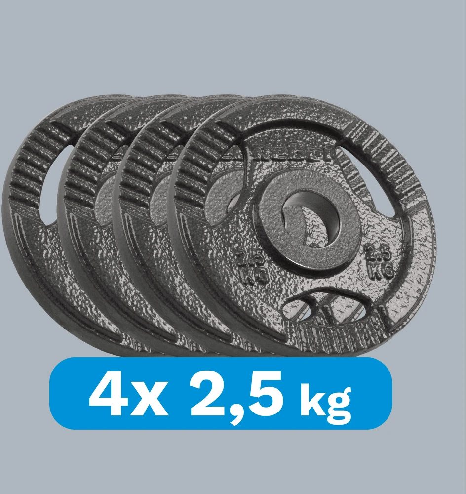Ketaus olimpinių svarmenų rinkinys 4 x 2.5kg, 51 mm skylė, plokštelė su rankenomis, REBEL ACTIVE