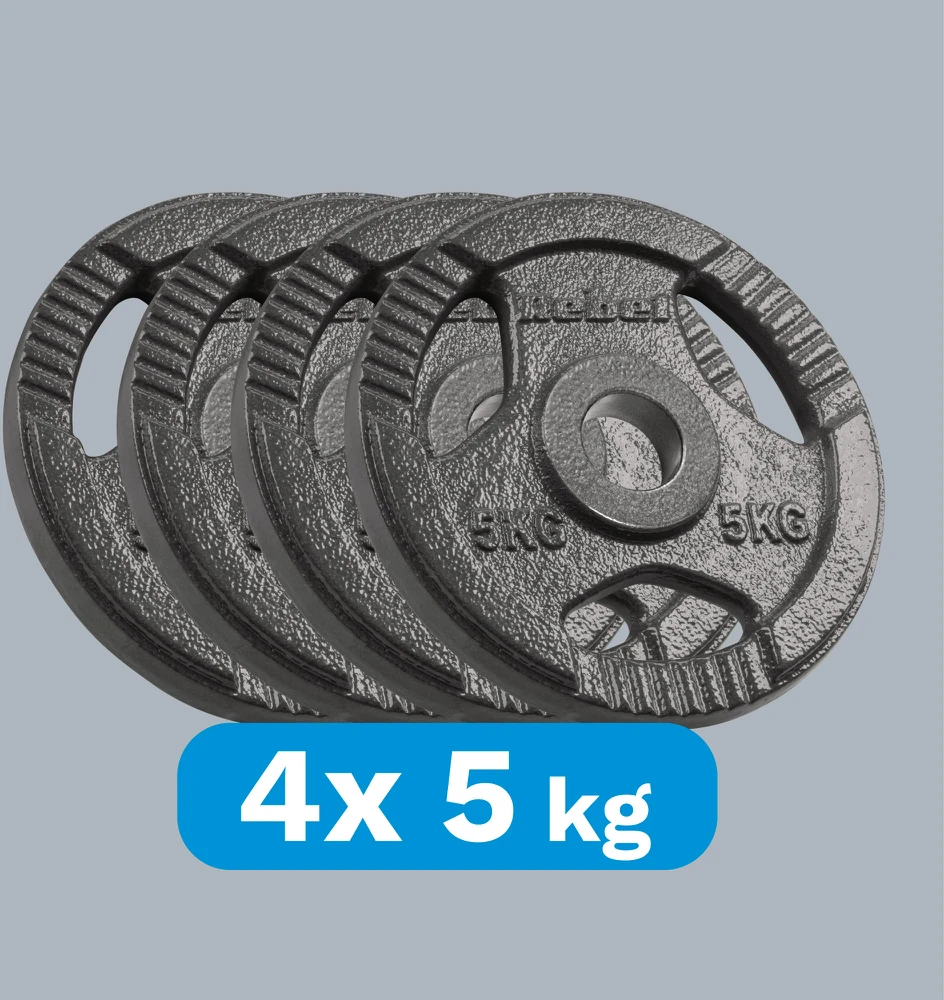 Ketaus olimpinių svarmenų rinkinys 4x5kg, 51mm skylė, plokštelė su rankenomis, REBEL ACTIVE