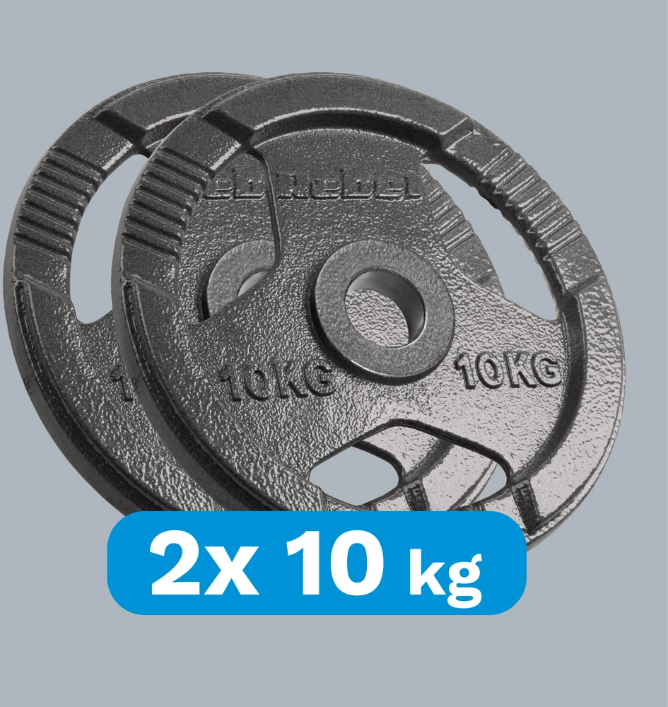 Ketaus olimpinių svarmenų rinkinys 2 x 10 kg, 51 mm skylė, plokštė su rankenomis, REBEL ACTIVE