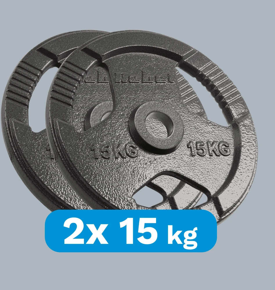 Ketaus olimpinių svarmenų rinkinys 2 x 15 kg, 51 mm skylė, plokštelė su rankenomis, REBEL ACTIVE