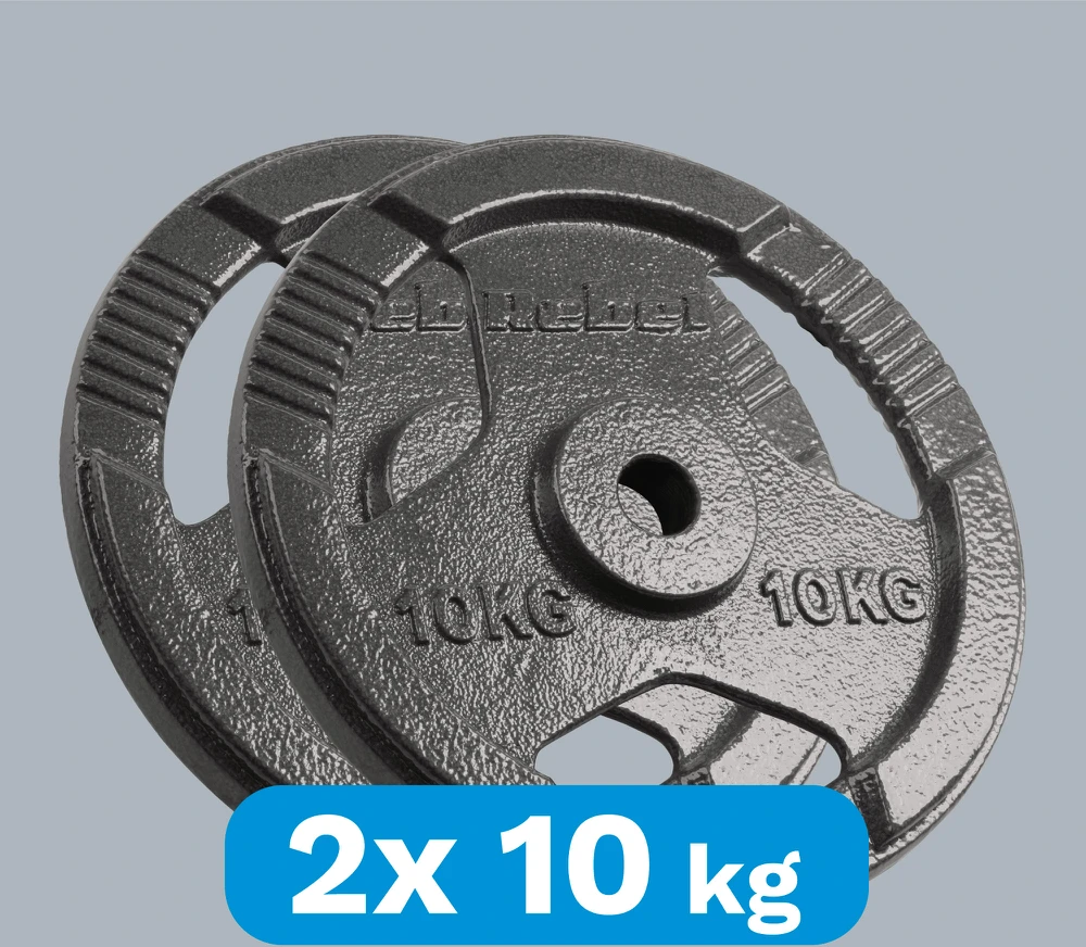 Ketaus svarelių rinkinys 2x10kg, skylė 31mm, plokštė su rankenomis, REBEL ACTIVE
