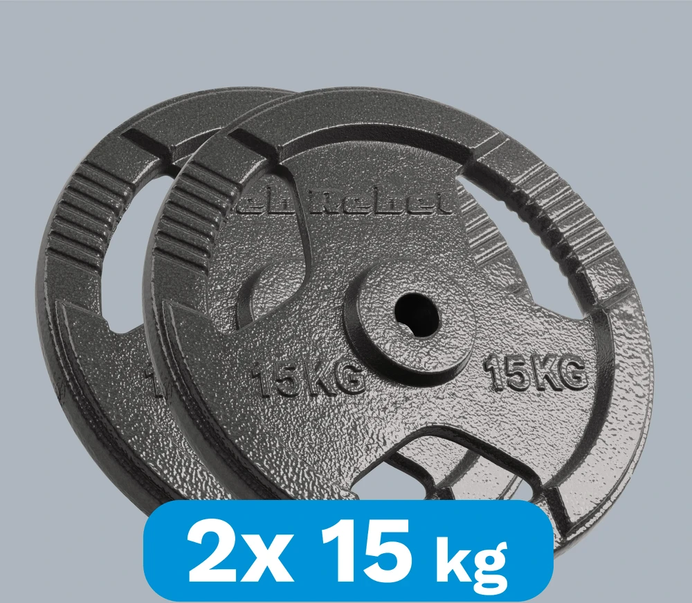 Ketaus svarelių rinkinys 2x15kg, skylė 31mm, plokštė su rankenomis, REBEL ACTIVE