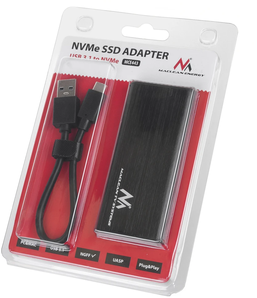 Obudowa „Maclean“ SSD korpusas, M.2, NVMe (PCIe), NGFF (SATA), USB 3.1, dydžiai 2230/2240/2260/2280, aliuminio korpusas, MCE443