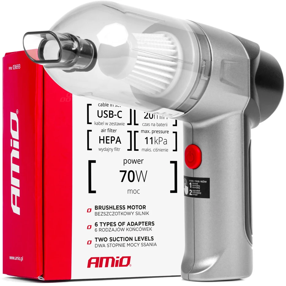 Belaidis automobilinis dulkių siurblys 70 W, 4000 mAh, su HEPA filtru, 11 kPa AMiO-03693