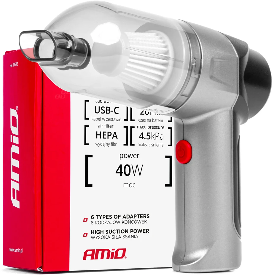 Belaidis automobilinis dulkių siurblys 40 W, 4000 mAh, su HEPA filtru, 4,5 kPa AMiO-03692