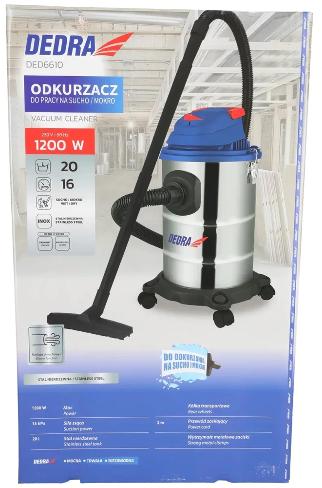 Dedra Dulkių siurblys Dirbtuvių dulkių siurblys 1200 W, 20 l medvilninis filtro maišelis