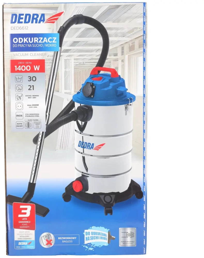 Dedra Dulkių siurblys Dirbtuvių dulkių siurblys 1400 W, 30 l, metalinis teleskopinis vamzdis