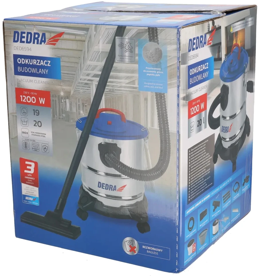 Dedra Dulkių siurblys Statybinis dulkių siurblys skaldai, pelenams, tinkui 1200 W 20 l