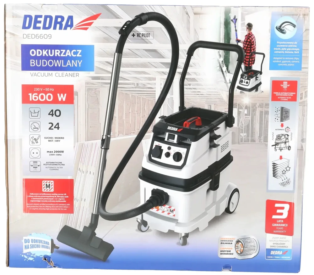 Dedra Dulkių siurblys Statybinis dulkių siurblys su automatinio filtro valymo funkcija, M klasė