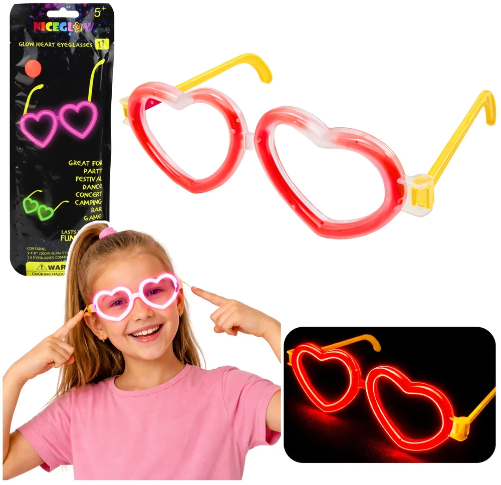 Lean Toys Akiniai Fluorescenciniai širdelės formos akiniai, šviečiantys tamsoje, neoninės raudonos spalvos