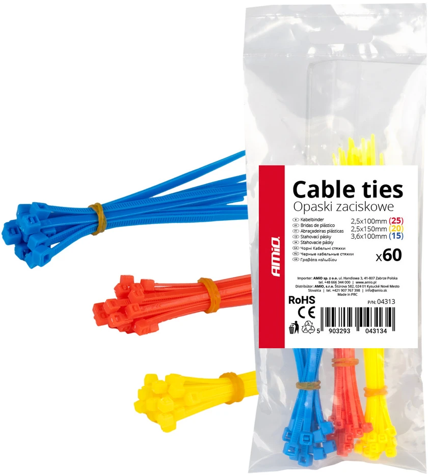 Plastikinių įvairiaspalvių kabelių raištelių rinkinys, 60 vnt. amio-04313