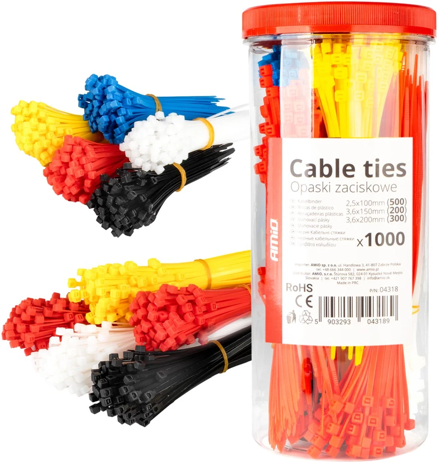 Plastikinių įvairiaspalvių kabelių raištelių rinkinys (1000 vnt. amio-04318)