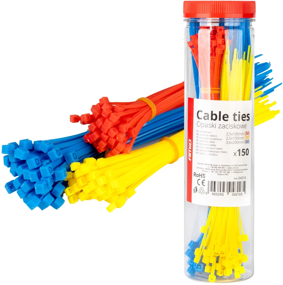 Plastikinių įvairiaspalvių kabelių raištelių rinkinys, 150 vnt. amio-04316