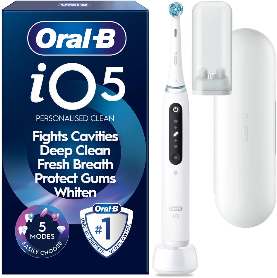 „Oral B iO5“ elektrinis dantų šepetėlis – baltas – 1 šepetėlio galvutė, aukščiausios kokybės kelioninis dėklas