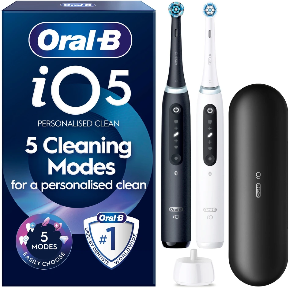 „Oral B iO5“ elektrinis dantų šepetėlis – juodas ir baltas – 2 vnt. pakuotėje