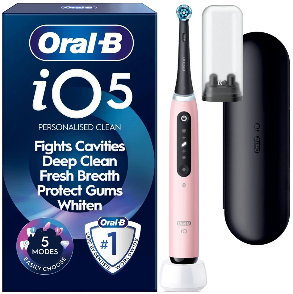 „Oral B iO5“ elektrinis dantų šepetėlis – rožinis – 1 šepetėlio galvutė, aukščiausios kokybės kelioninis dėklas