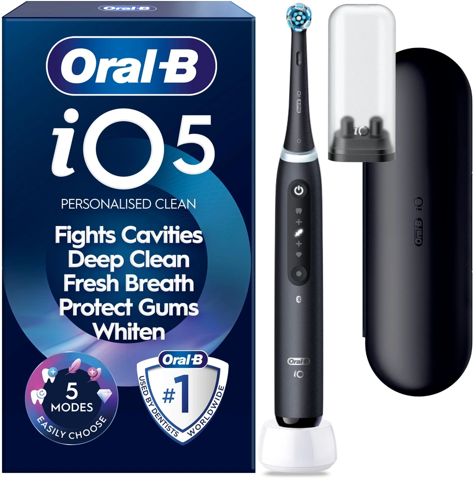 „Oral B iO5“ elektrinis dantų šepetėlis – juodas – 1 šepetėlio galvutė, aukščiausios kokybės kelioninis dėklas