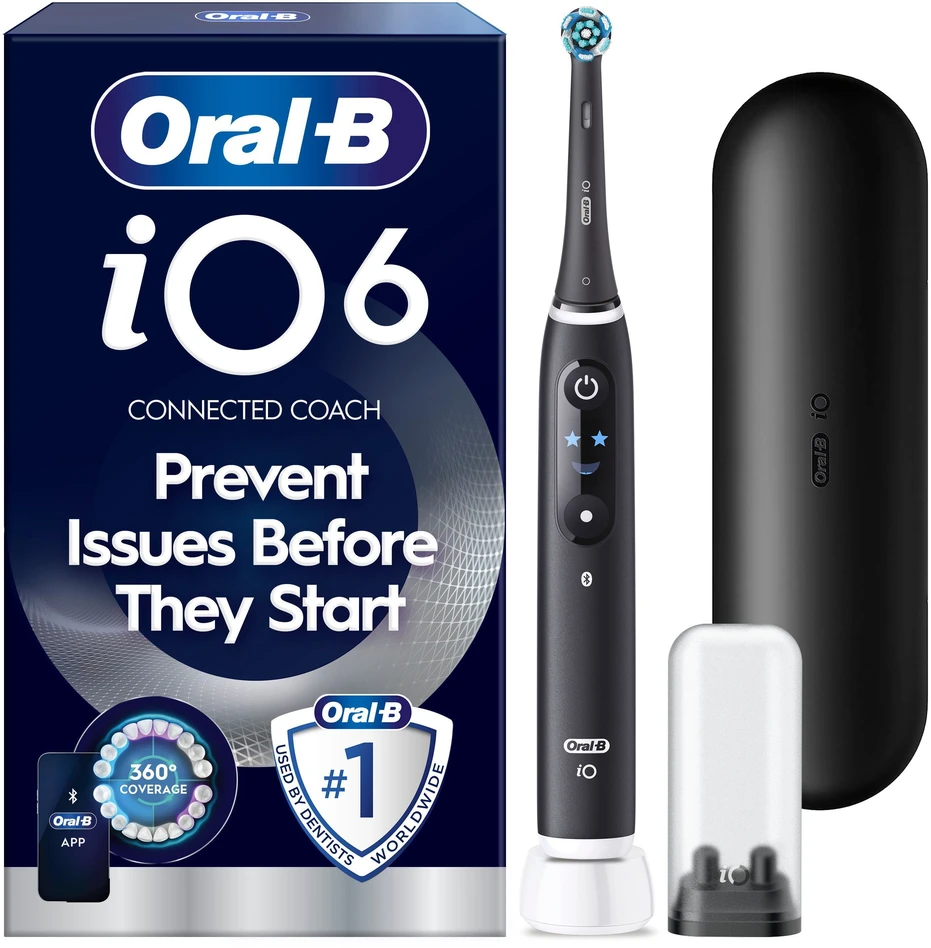 Braun „Oral B iO6“ elektrinis dantų šepetėlis – juodas – 2 šepetėlių galvutės, aukščiausios kokybės kelioninis dėklas