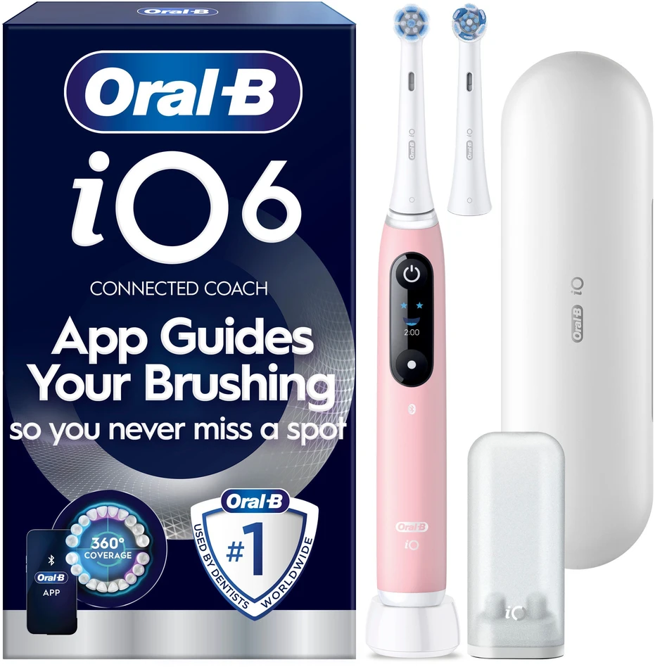 „Oral B iO6“ elektrinis dantų šepetėlis – rožinis – 2 šepetėlių galvutės, aukščiausios kokybės kelioninis dėklas