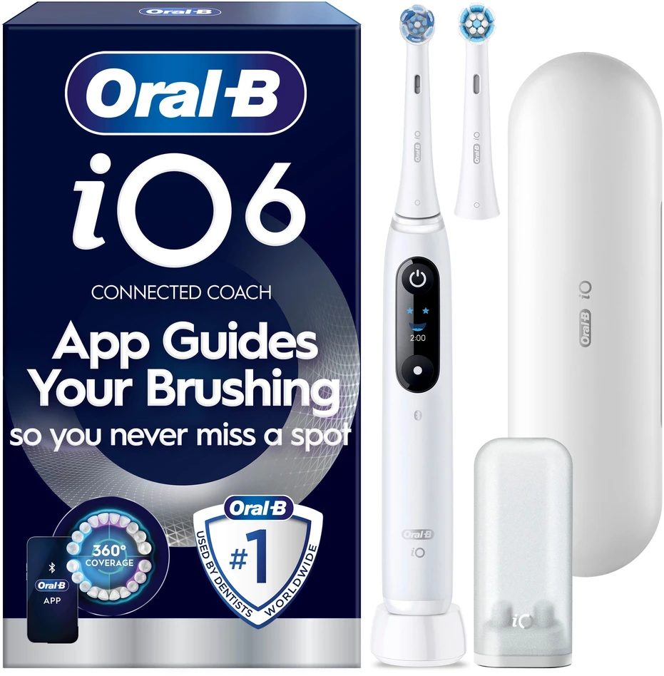 „Oral B iO6“ elektrinis dantų šepetėlis – baltas – 2 šepetėlių galvutės, aukščiausios kokybės kelioninis dėklas