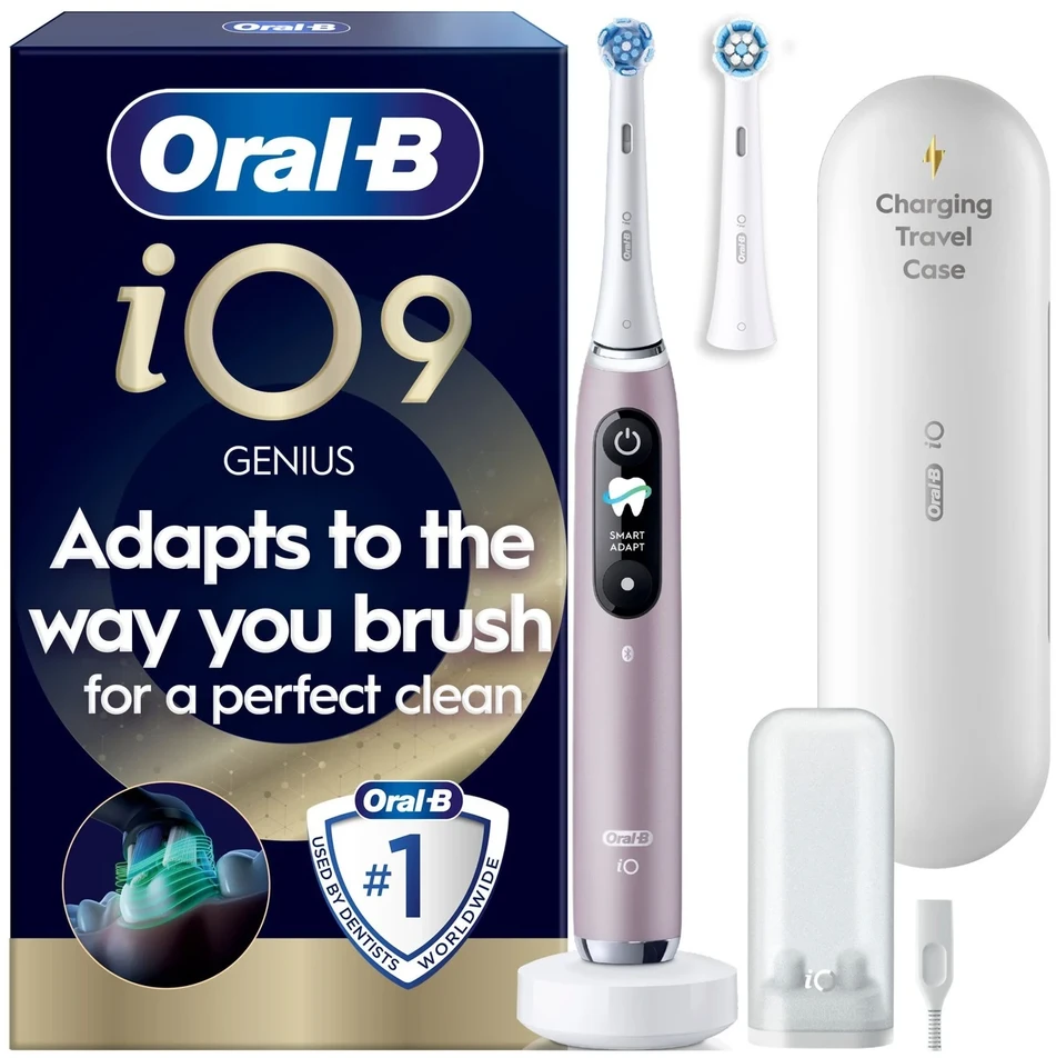„Oral B iO9“ elektrinis dantų šepetėlis – rožinis – 2 šepetėlių galvutės, kelioninis įkrovimo dėklas