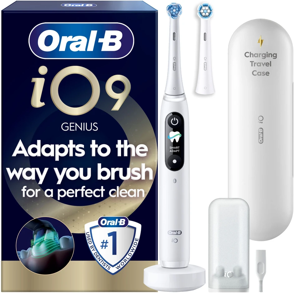 „Oral B iO9“ elektrinis dantų šepetėlis – baltas – 2 šepetėlių galvutės, kelioninis įkrovimo dėklas