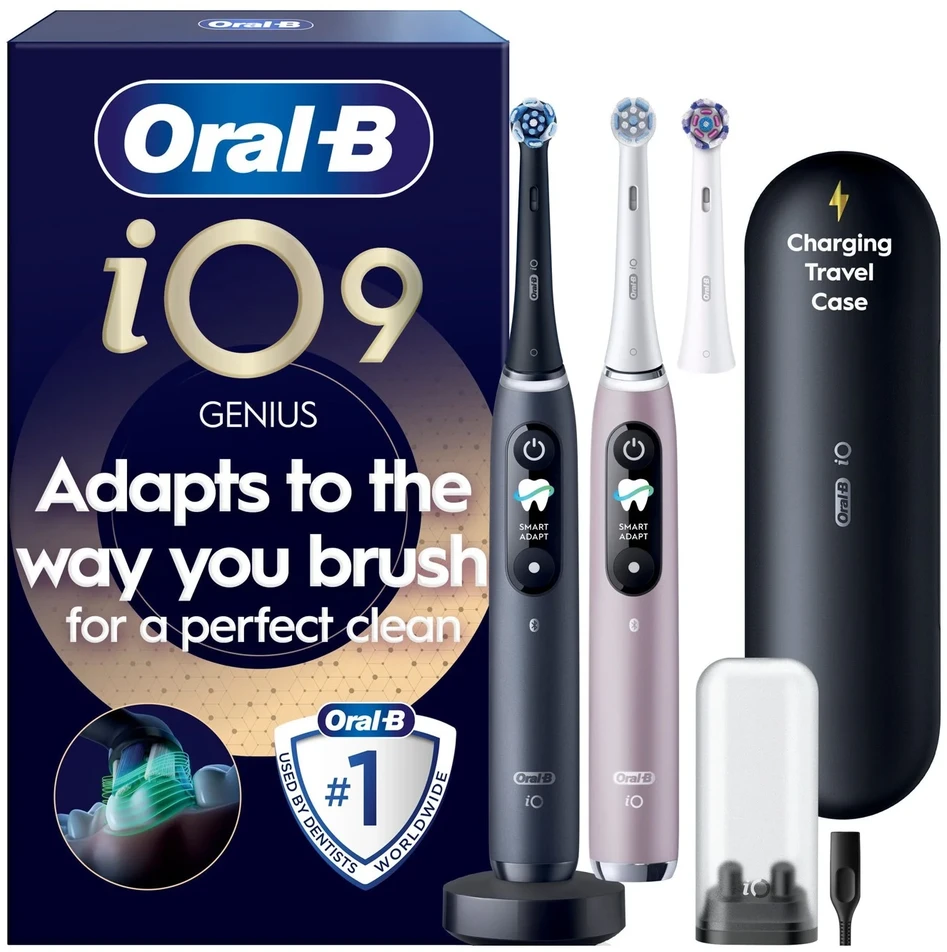 „Oral B iO9“ elektrinis dantų šepetėlis – juodas ir rožinis – 2 vnt. pakuotėje