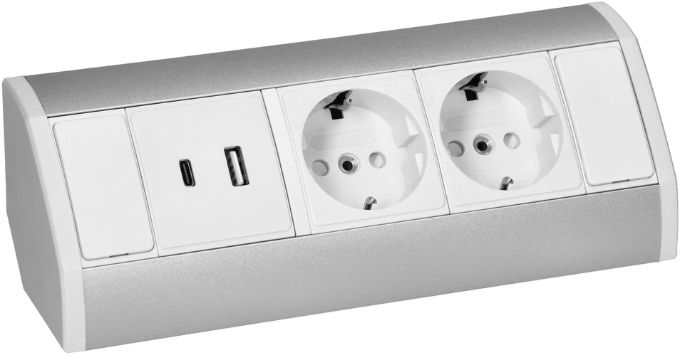 Orno Baldų lizdas 2x2P+Z (Schuko), 2xUSB (tipas A+C; 2.4A), balta ir sidabrinė