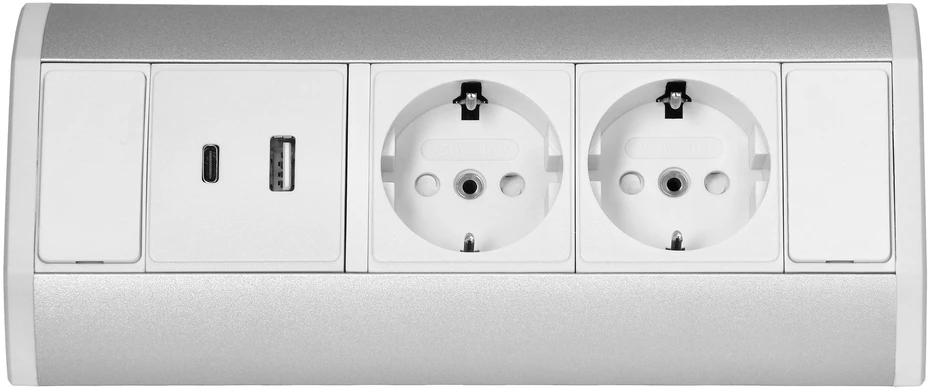 Orno Baldų lizdas 2x2P+Z (Schuko), 2xUSB (tipas A+C; 2.4A), balta ir sidabrinė