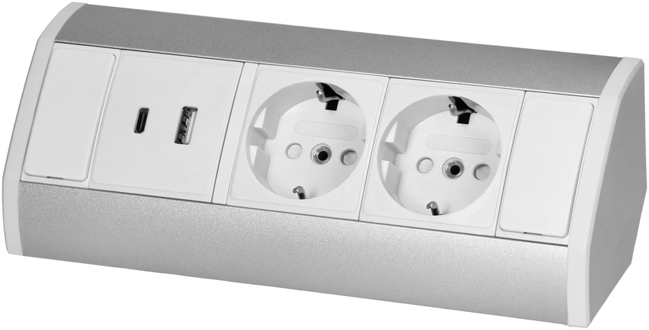 Orno Baldų lizdas 2x2P+Z (Schuko), 2xUSB (tipas A+C; 2.4A), balta ir sidabrinė