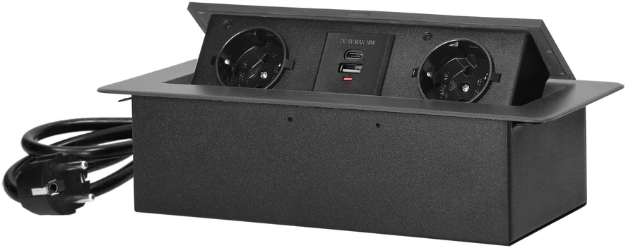 Orno Lizdas Baldinis lizdas, įleidžiamas į stalviršį, su plokščiu frezuotu kraštu, USB įkrovikliu ir 1,5 m laidu, 2x2P+Z (Schuko), 2xUSB (A+C tipo; 3,6A), grafito spalvos