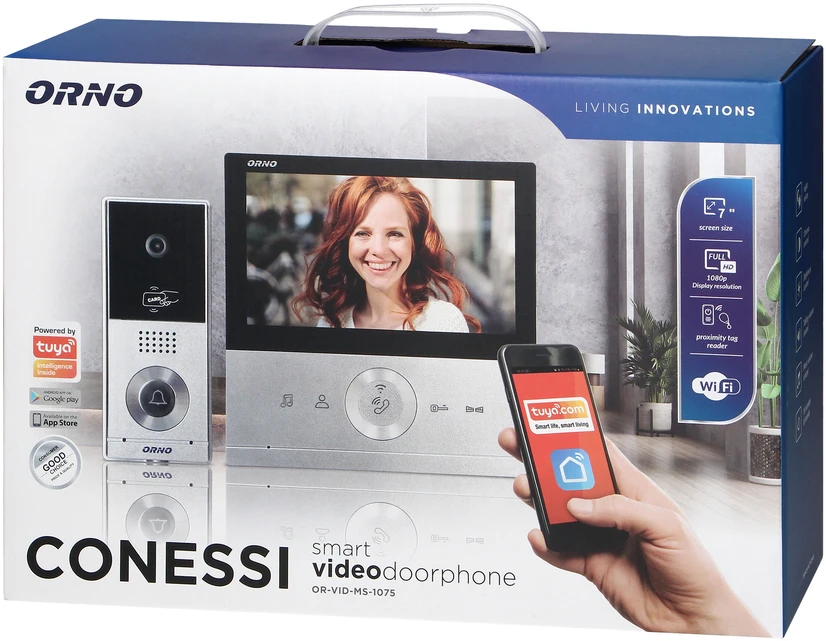 Orno Rinkinys „CONESSI Full HD“ vaizdo domofono komplektas, 7 colių LCD monitorius be ragelio, lauko stotelė su RFID kortele ir pultelio skaitytuvu, belaidis internetas ir valdymas per „Tuya“ programėlę