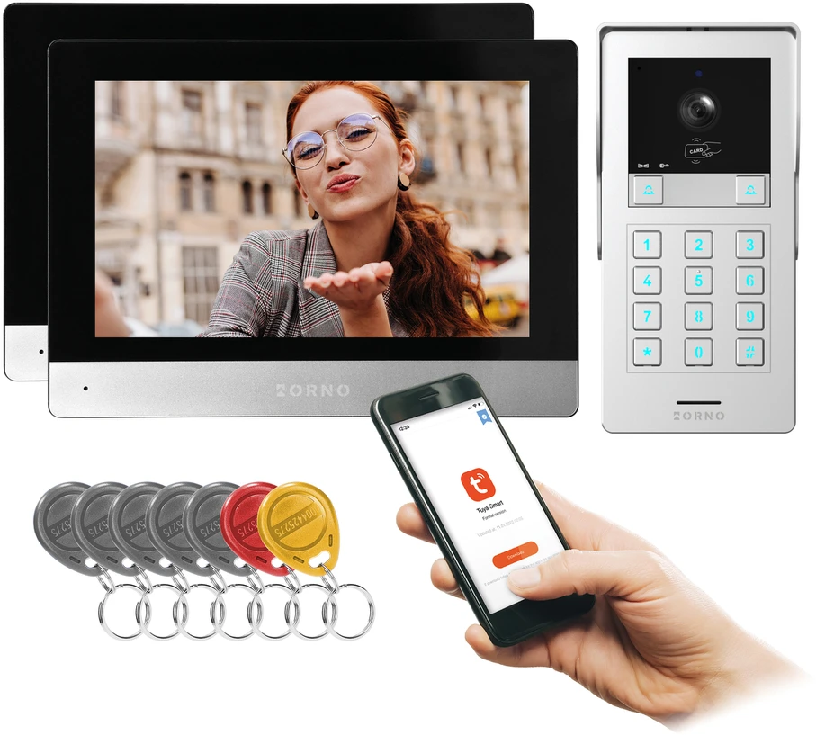 Orno GAYD MULTI2, dviejų šeimų vaizdo domofono rinkinys, 2 laidų, 8 colių „Wi-Fi“, lietimui jautrus ekranas, 2 MP „Full HD“, RFID, šifravimo funkcija