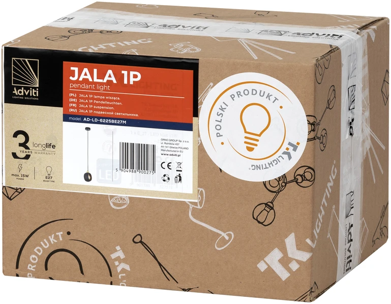Orno JALA 1P, pakabinamas šviestuvas, E27 max.15W, juodas