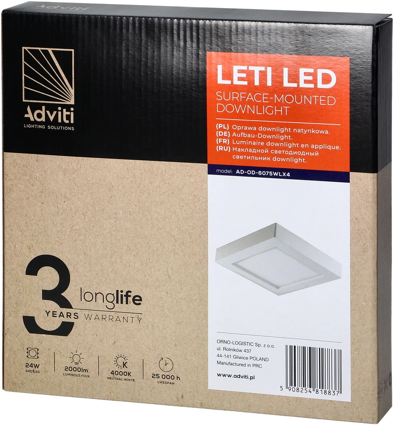 Lubinis šviestuvas Orno LETI LED 24W, oprawa downlight, natynkowa, kwadratowa, 2000lm, 4000K, balta, įmontuotas maitinimo šaltinis LED