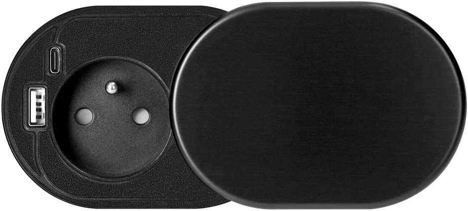 Orno Lizdas Baldų lizdas - 6 cm, įleidžiamas į stalviršį su stumdomu dangteliu, USB įkrovikliu ir 1,9 m laidu, 1x2P+Z (prancūziškas), 2xUSB (A+C tipo; PD20W), juodas