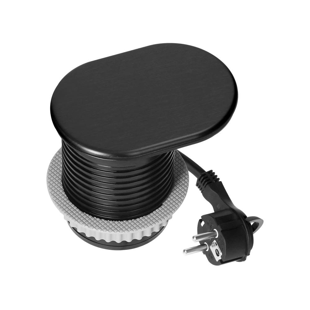 Orno Lizdas Baldų lizdas - 6 cm, įleidžiamas į stalviršį su stumdomu dangteliu, USB įkrovikliu ir 1,9 m laidu, 1x2P+Z (prancūziškas), 2xUSB (A+C tipo; PD20W), juodas