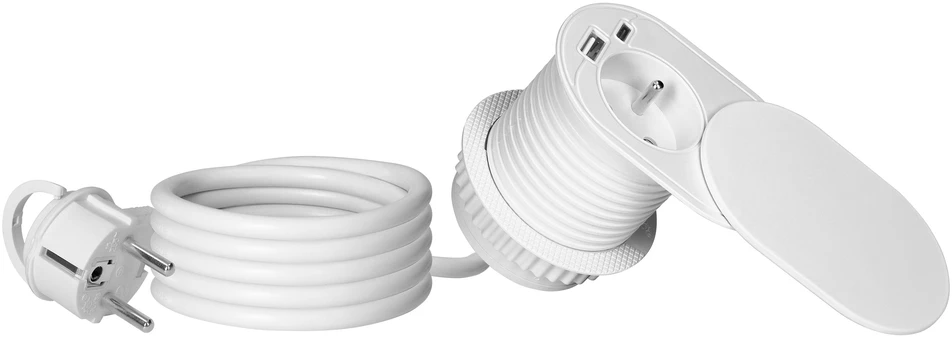 Orno Lizdas meblowe -6cm, wpuszczane w blat su przesuwną pokrywką, ładowarką USB i przewodem 1,9m, 1x2P+Z (French), 2xUSB (typ A+C; PD20W), balta