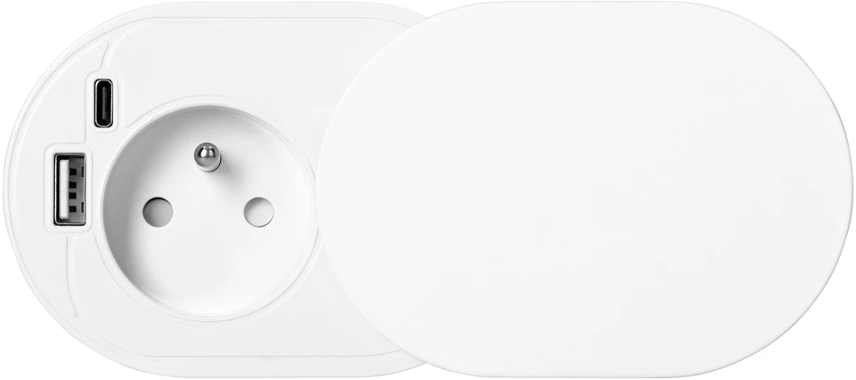 Orno Lizdas meblowe -6cm, wpuszczane w blat su przesuwną pokrywką, ładowarką USB i przewodem 1,9m, 1x2P+Z (French), 2xUSB (typ A+C; PD20W), balta